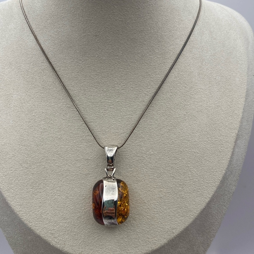 Sterling Silver 925 Double Sided Amber Pendant Necklace 22”L